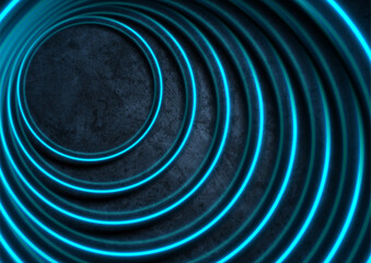 Bright blue grunge abstract background with neon laser circles. Retro geometric vector design