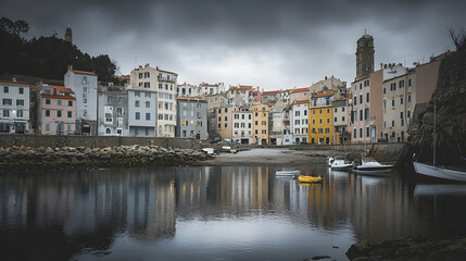 Fototapeta premium Coastal town harbor reflection, moody sky, boats moored, quiet evening, travel brochure.