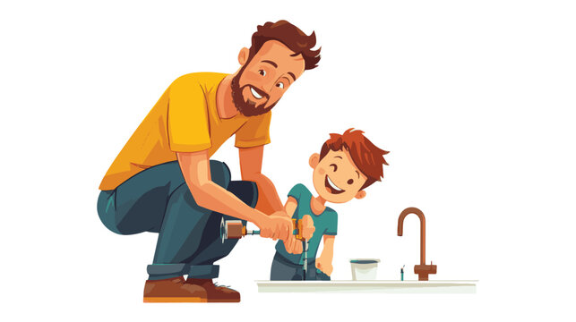 recommend clip art: father and son fix the water faucet cartoon