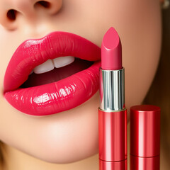 Obraz premium A demonstration showcasing the application and effect of a dark pink lipstick.