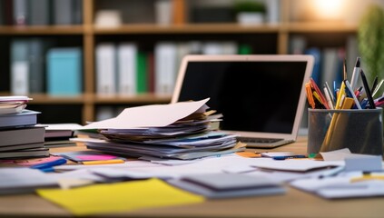 Overwhelmed Desk: A chaotic workspace filled with paperwork, a laptop, and stationery.
