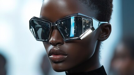 Fototapeta premium A runway moment featuring futuristic angular sunglasses and sharp geometric boots