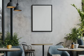 Blank poster mockup in cafe, plants, tables