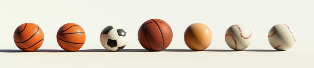 Row of various sports balls on white background.