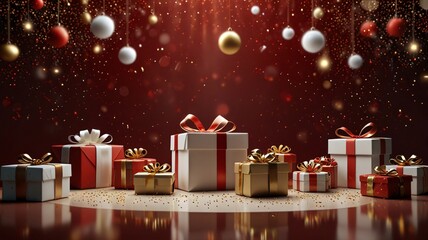 Elegant Holiday Gift Boxes with Gold Ribbons on Festive Display V5