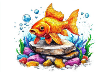 vibrant goldfish illustration swimming among colorful rocks and bubbles