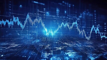 Digital finance market graph in a blue background. Market analysis with financial data and trends. Technological investment in economy, abstract visualization, futuristic style.