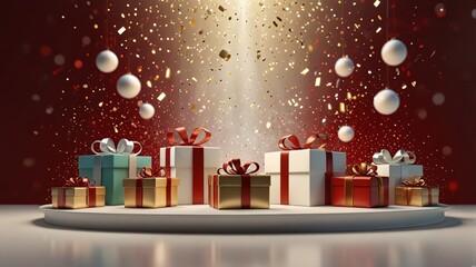 Elegant Holiday Gift Boxes with Gold Ribbons on Festive Display V7