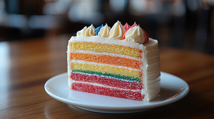 vibrant rainbow cake slice with colorful layers and frosting pride concept