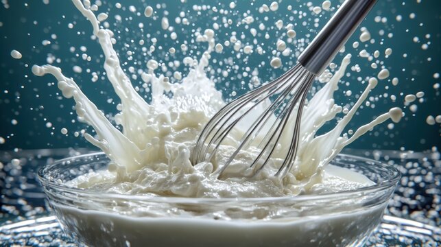 Whipping cream splash in glass bowl, kitchen, food