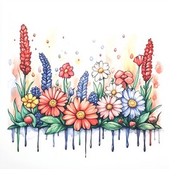 Obraz premium Vibrant Floral Illustration: Springtime Blooms Beautifully Rendered in a Whimsical Style. AI Generated