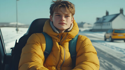 Obraz premium Teenager in Yellow Puffer Jacket Winter Travel Photo