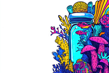 Colorful underwater scene with jar, fish, and vibrant corals