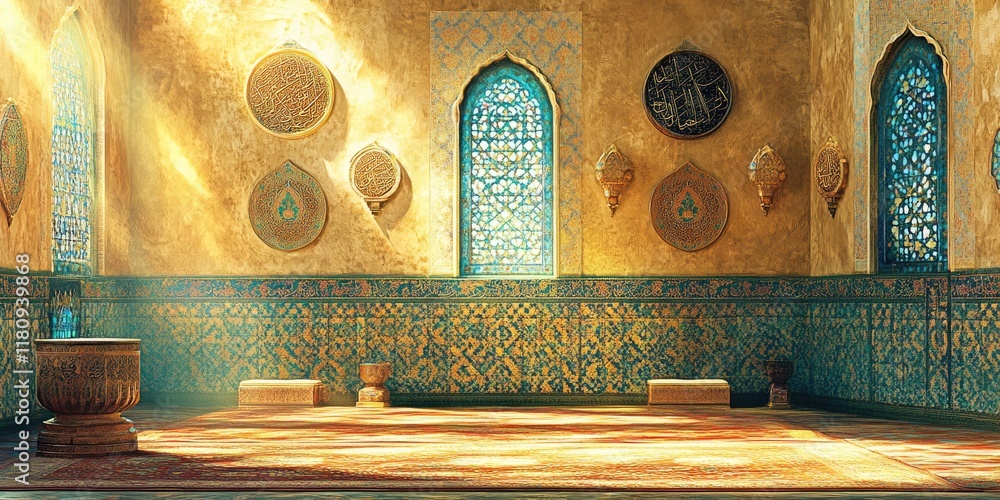 Poster a serene interior with ornate architecture and intricate patterns.