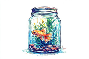 goldfish swimming in glass jar with aquatic plants and pebbles