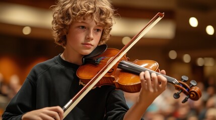 Fototapeta premium Boy plays violin concert hall audience