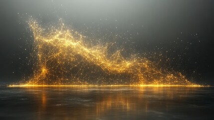 Abstract golden particles wave on dark background with reflection.