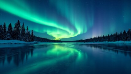 Northern Lights dance above a frozen lake, their vibrant hues mirrored on the icy surface. Snow-covered pines frame the scene, creating an ethereal and awe-inspiring winter spectacle.