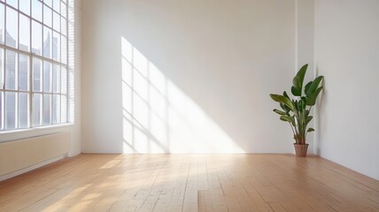 Obraz premium Bright and airy empty white room with wooden floor, large window, and blank walls ideal for creative inspiration.