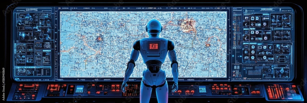 Poster a futuristic robot monitors a complex digital display, suggesting advanced technology and exploratio
