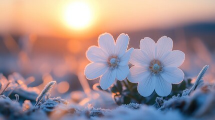 Frosty sunrise field, two white flowers, greeting card