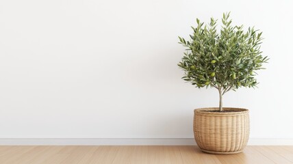 Stylish 3D rendering of a modern living room featuring a vibrant green olive tree centerpiece.