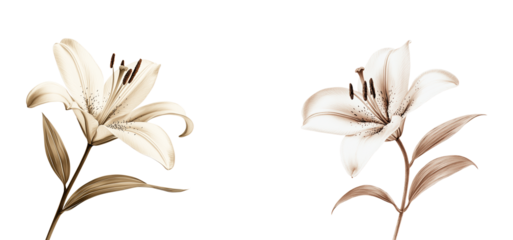 Two elegant sepia-toned lilies with detailed petals and leaves, isolated on transparent and white background