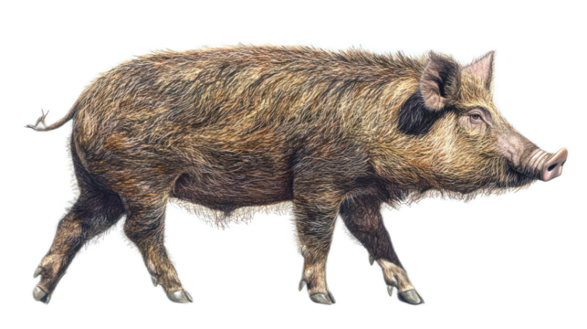Realistic illustration of a wild boar walking in a natural setting showcasing its distinctive fur texture and sharp features, symbolizing nature and wildlife.
