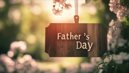 A wooden sign that says "Father's Day" hanging on a tree branch with blossoms in the background