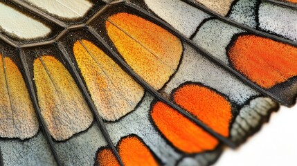 Close-up of a butterfly wing showcasing intricate patterns and vibrant colors.