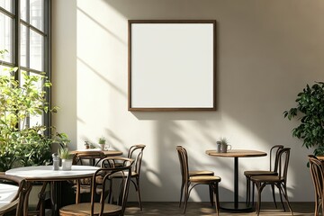 Empty cafe mockup, poster, sunlight, plants, interior