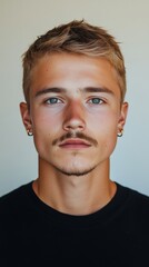 Obraz premium Photograph of a young man with short blonde hair and a mustache, wearing gold earrings, looking directly at the camera against a white background