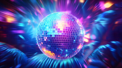 Obraz premium Disco ball or mirror ball in rainbow neon light on colorful dark background with lights and sparkles. Music and dance party background. Trendy party symbol. Abstract retro 80s and 90s concept