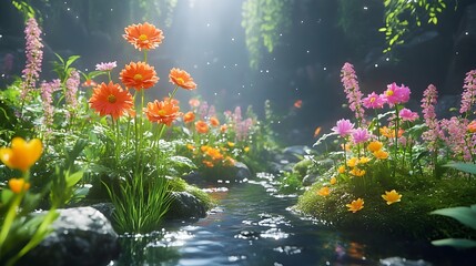 A photo of a peaceful space garden with floating flowers and plants.