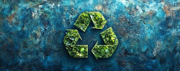 Ecofriendly recycling symbol on artistic textured background, greenery accents, blue tones, sustainable living, environmental conservation concept