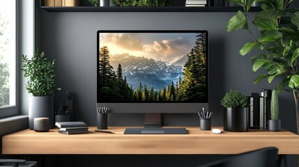 Modern home office desk, mountain view screen, plants, work