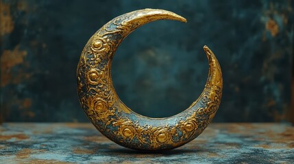 Ornate gold and blue crescent moon sculpture on dark background.