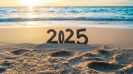 Text '2025' in sand, quiet beach with a New Year's eve feeling