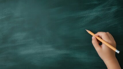 Back to school concept. Blank chalkboard with a hand holding a pencil, ready to write or draw.