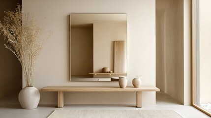 Calm, minimalist entrance with neutral tones, light wood furniture, and a big mirror.