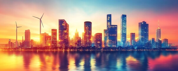 Obraz premium Future cityscape with clean energy, sustainable urban living, wind turbines, solar panels, and electric vehicles, ecofriendly design