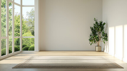 Minimalist living room interior with large windows, indoor plant, and sunlight streaming onto a neutral rug.