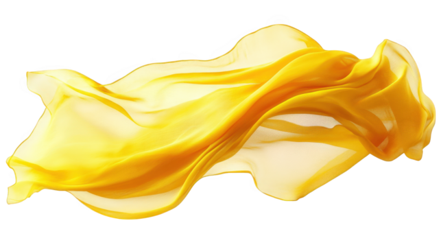 flowing piece of translucent yellow fabric. elegantly captured in mid-air. showcasing its soft texture and vibrant color the lightness and movement of the fabric create a sense of fluidity and grace.