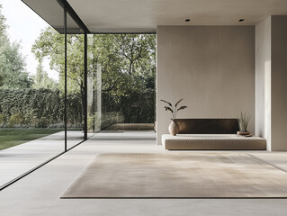 Minimalist living room with large glass windows, neutral rug, and indoor plants in natural light.
