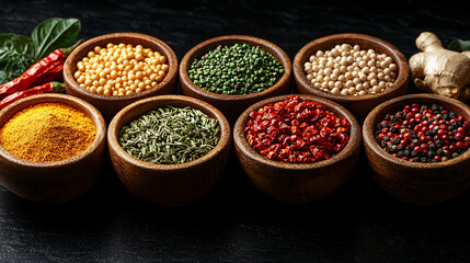 Fototapeta premium Assorted spices in wooden bowls on dark background.