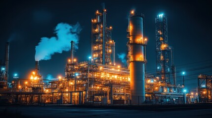 Fototapeta premium Night refinery, industrial complex, illuminated, smoke, energy production