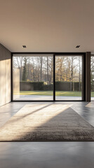 Fototapeta premium Modern living room with floor-to-ceiling glass windows, neutral rug, and natural light.