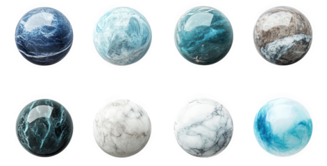 a collection of eight decorative spheres. each displaying unique colors and marbled patterns the spheres are arranged in a grid. highlighting their glossy finishes and varying hues. which may appeal t