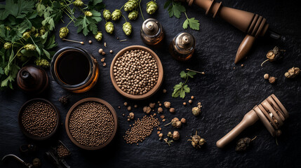 Selection of grains, barley, and hops for brewing on dark table