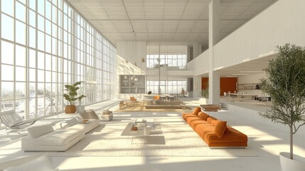 Sunlit modern loft interior, open-plan office, city view